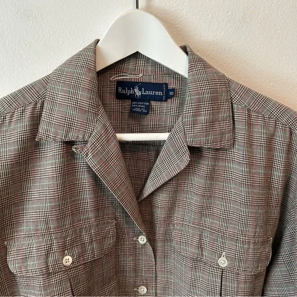 Vintage 80's Ralph Lauren Brown Cotton Wool Plaid Blouse with Darts Equestrian - Picture 6 of 11